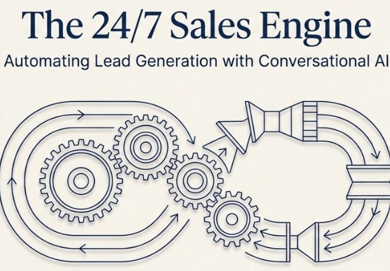 An infinity loop made of gears and a sales funnel, representing the Webbility 24/7 sales engine that automates lead generation with conversational AI.
