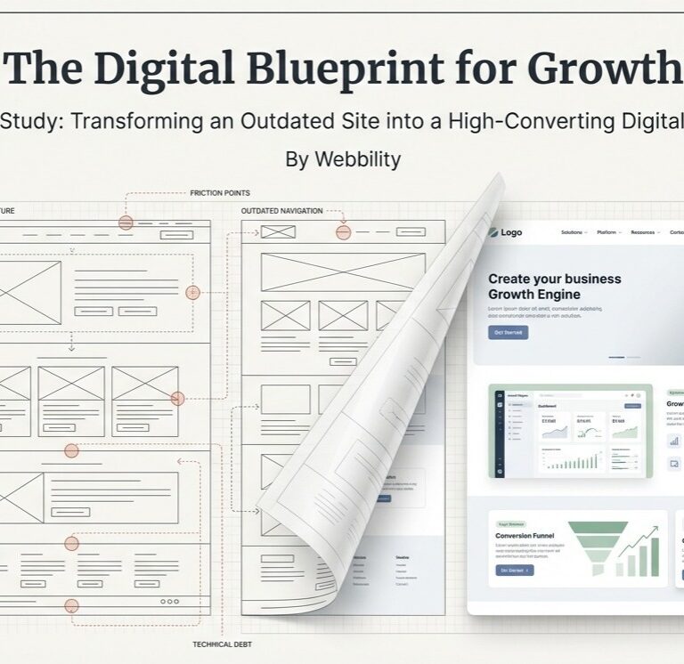 A digital blueprint transitioning from an outdated legacy wireframe to a high-converting, modern website design developed by Webbility.