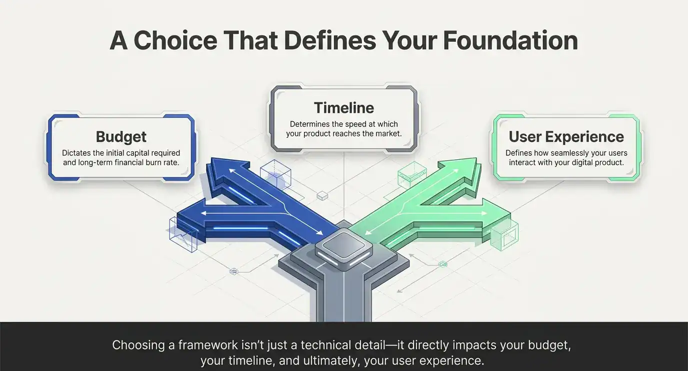 nfographic detailing how choosing a mobile app framework directly impacts a startup's budget, timeline, and user experience.