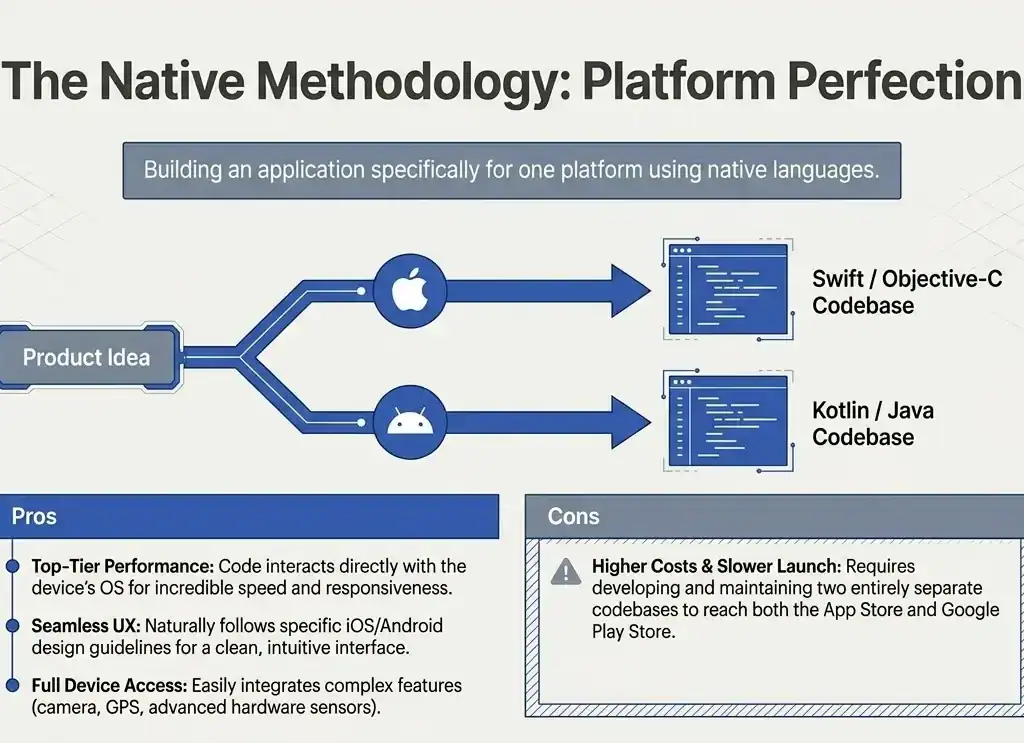 Overview of the native mobile app development methodology, highlighting the pros and cons of building separate iOS and Android codebases.