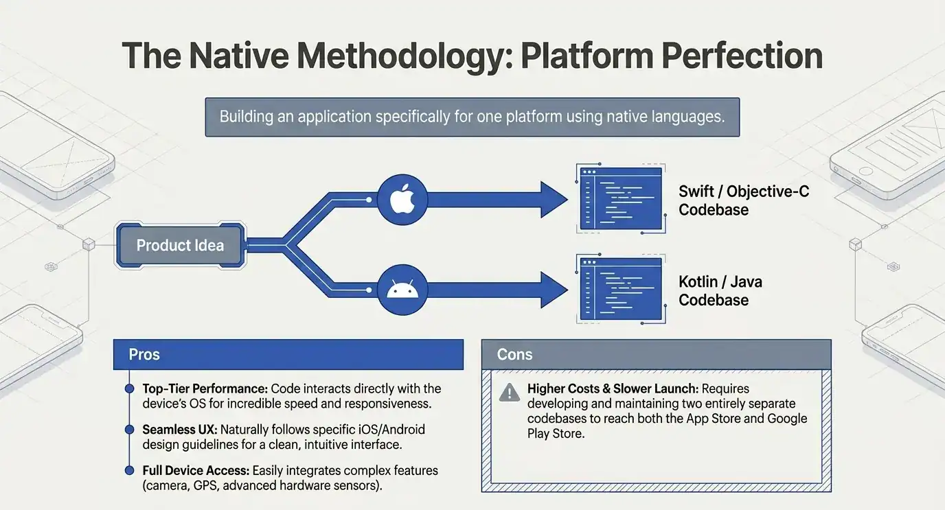 Overview of the native mobile app development methodology, highlighting the pros and cons of building separate iOS and Android codebases.