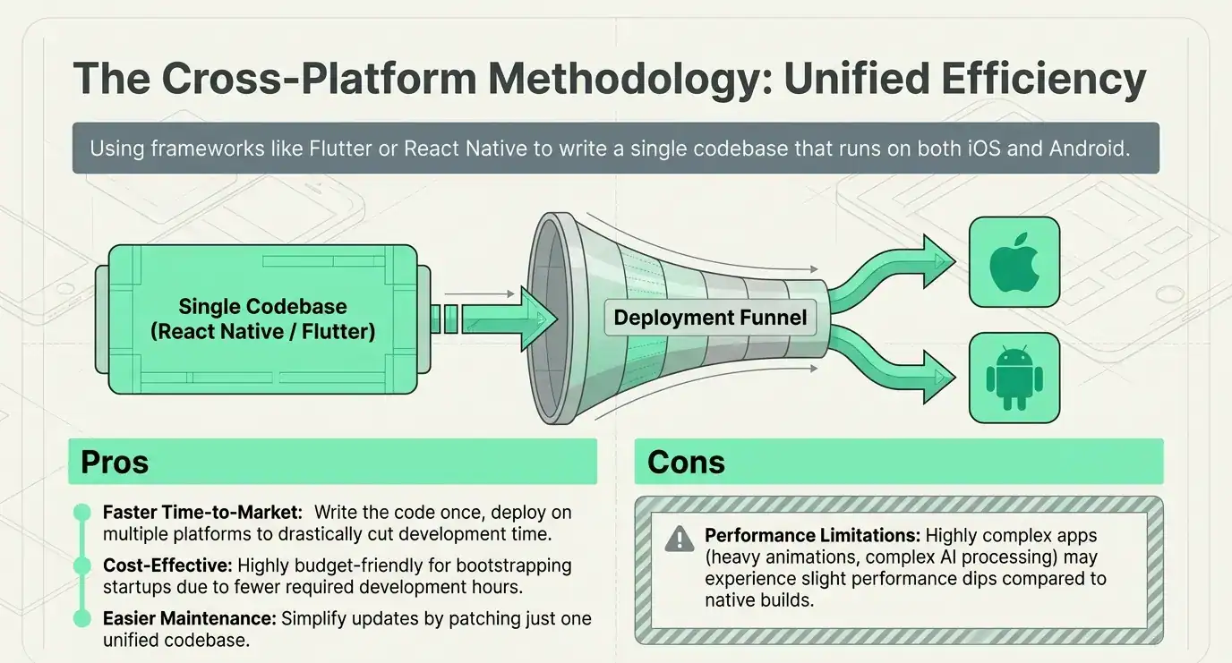 Diagram showing the cross-platform mobile app development methodology, where a single unified codebase is deployed to both iOS and Android.