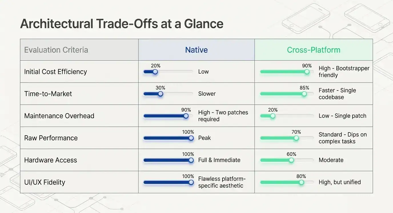 Comparison table evaluating native versus cross-platform app development across criteria like initial cost efficiency, time-to-market, maintenance, and raw performance.